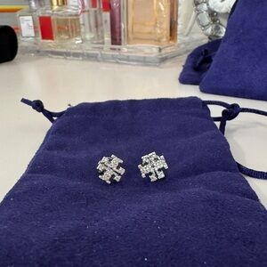 Tory Burch Silver Kira Stud Earrings with Crystals